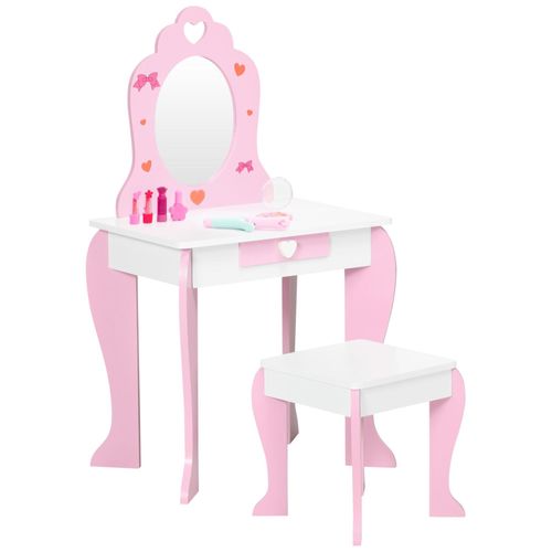 Coiffeuse Enfant Design Girly Motif Coeur - Tiroir, Miroir, Tabouret Inclus - Mdf - Blanc Rose