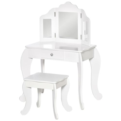 Coiffeuse Enfant Tabouret Miroir Triptyque Et Tiroir Coulissant Blanc