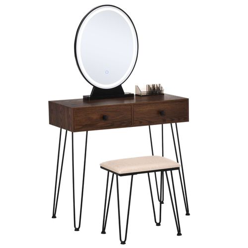 Coiffeuse Design 2 Tiroirs Organisateur Miroir Led Tabouret Inclus