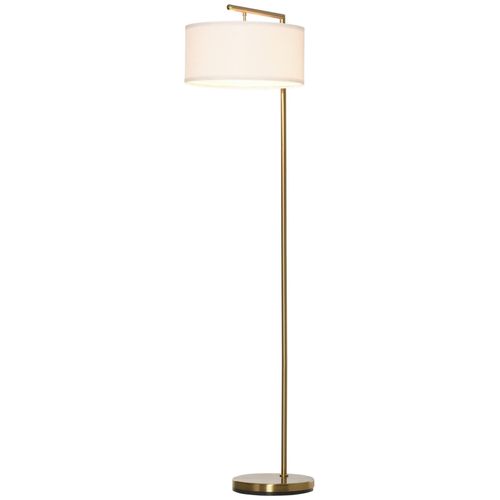 Lampadaire Design Néo-Rétro Max. 40 W 153h Cm Abat-Jour Circulaire Aspect Lin Blanc Piètement Structure Métal Doré