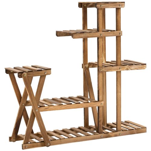 Étagère À Fleurs En Bois - Porte Plante Bois 6 Tablettes - Dim. 98l X 28l X 95h Cm - Bois De Sapin Traité Carbonisation