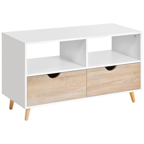 Meuble Tv Bas Sur Pieds Style Scandinave 2 Tiroirs Coloris Chêne Clair Blanc