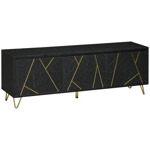 Meuble Tv Style Art Déco Métal Doré Aspect Marbre Noir Rainures Dorées