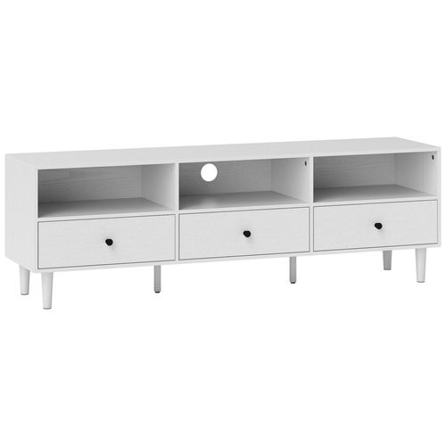 Meuble Tv Banc Tv Sur Pieds Effilés - 3 Tiroirs, 3 Niches, Passe-Câble - Dim. 140 X 34 X 45 Cm - Métal Effet Bois Blanc
