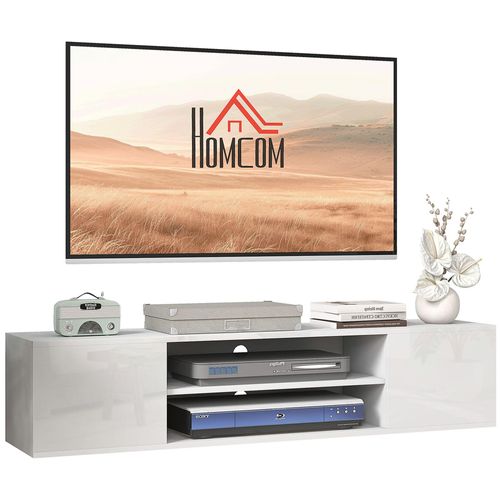 Meuble Tv Mural - Banc Tv Flottant - 2 Portes, 2 Niches - Dim. 140l X 30l X 30h Cm - Panneaux Blanc Laqué