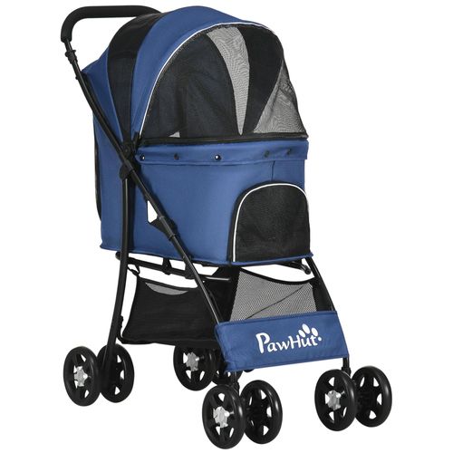Poussette Pliable Pour Chien Chat - 4 Roues Doubles, 2 Freins, Attache, Coussin Inclus - Acier Oxford Bleu