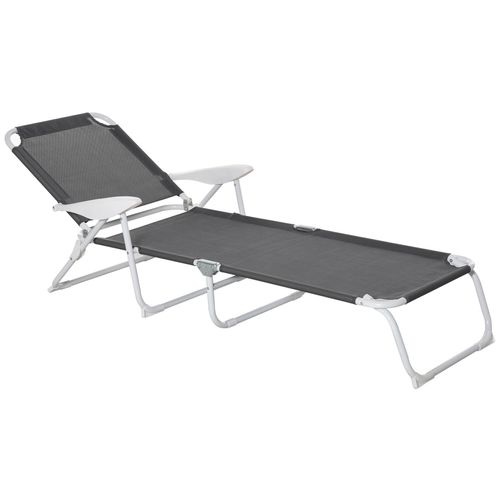 Bain De Soleil Pliable - Transat Inclinable 4 Positions - Chaise Longue Grand Confort Avec Accoudoirs - Métal Époxy Textilène - Dim. 160l X 66l X 80h Cm - Gris Foncé