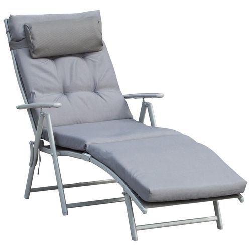 Bain De Soleil Pliable Transat Inclinable 7 Positions Chaise Longue Grand Confort Avec Matelas + Accoudoirs Métal Époxy Textilène Polyester Gris