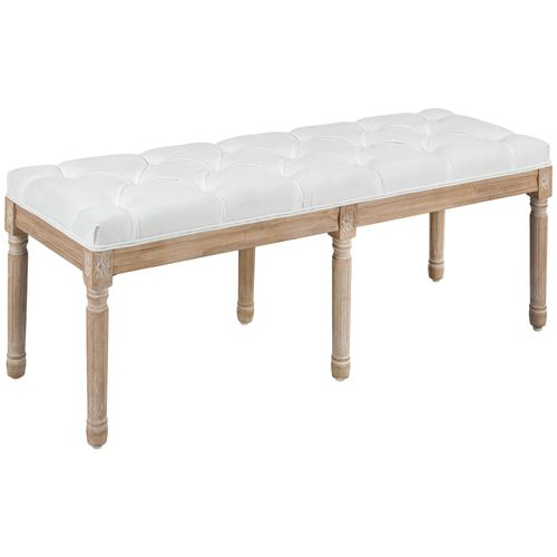 Tabouret Capitonné Style Classique Bois Sculpté Patiné Tissu Crème