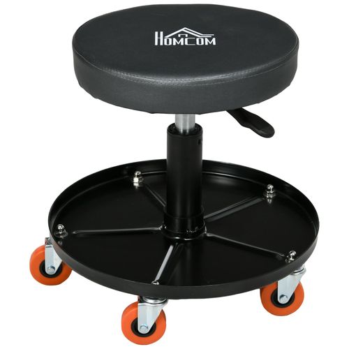 Tabouret De Mécanicien Pivotant Réglable Servante D'atelier 2 En 1 - Plateau Outils - Charge Max. 10 Kg - Acier Pu Noir