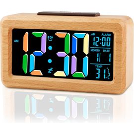 ERSHI-Réveil Numérique en Bois,Horloge Digitale avec Chiffres en Couleur et Grand Écran LCD,Capteur de Luminosité et Fonction Snoo[6