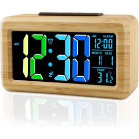ERSHI-Réveil Numérique en Bois,Horloge Digitale avec Chiffres en Couleur et Grand Écran LCD,Capteur de Luminosité et Fonction Snoo[6