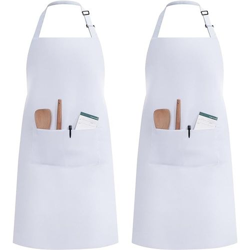 Pack De 2 Tabliers De Cuisine (Blanc, Polyester) Avec 2 Poches Tabliers De Cuisine Maison Réglables Pour Femmes Et Hommes Chefs