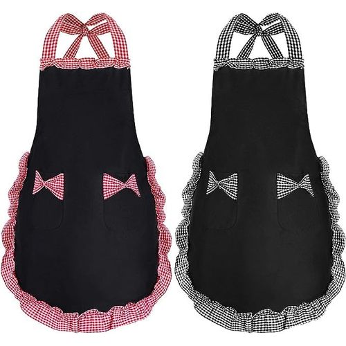 2pcs Tablier Pour Les Femmes (Noir Et Blanc, Plaid Noir Et Rouge 72 * 70cm), Tablier Pour Les Femmes Avec 2 Poches, Tablier De Cuisine Imperméable À L'eau, Tablier De Chef Pour La Cuisine, Jardinage,