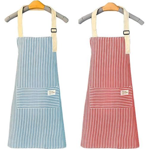 Ensemble De 2 Tabliers De Cuisine En Coton Et Chanvre (70cmx68cm, Bleu, Rose) Tabliers De Travail Réglables, Tabliers Imperméables Avec 2 Poches Pour La Cuisine À Domicile, Salle À Manger, Jardin, Bar