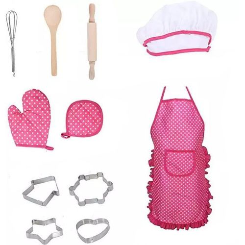 Kids Chef Set (Set De 11 Pièces En Rose), Tablier De Cuisine Réglable Pour Tout - Petits Avec Chapeau De Chef, Gants De Cuisine Pour Enfants, Tapis Résistant À La Chaleur Garçon Fille 3 À 8 Ans