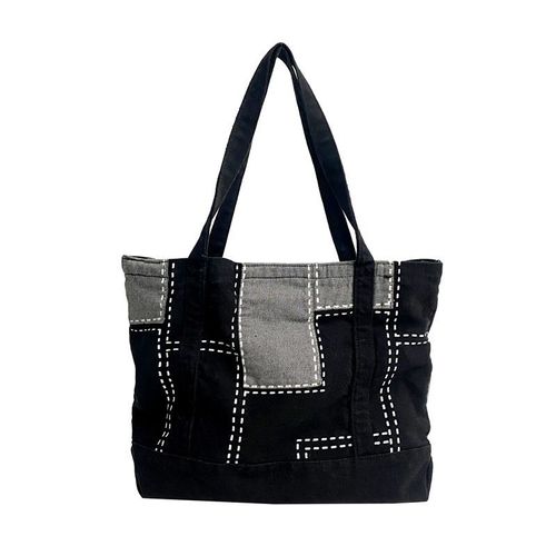 Sac En Toile Une Pièce Avec Couture En Denim Délavé (Noir 36*30cm) - Sac À Main En Toile Avec Jeans - Design Rétro - Sac Ado - Cadeau Pratique Pour Femme