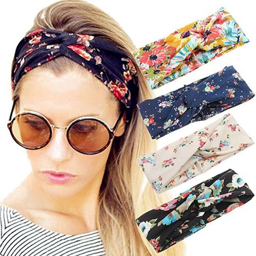 4 Pièces Bandeaux Femmes Boho Bandeaux Vintage Floral Imprimé Bandeaux Noeud Croisé Bandeau Élastique Accessoires, Taille Unique, Rose Blanc Bleu Marine