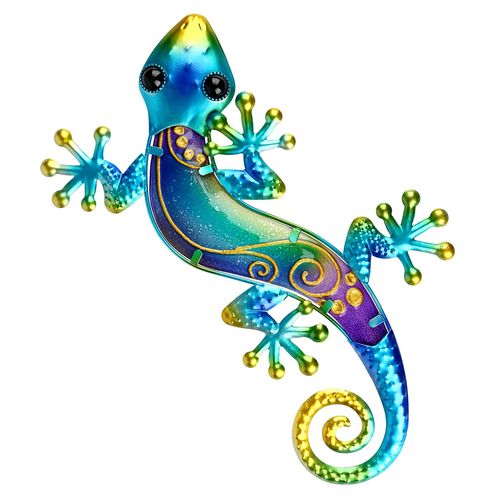 Gecko en métal 19 * 1,5 * 38,5 cm (bleu), lézard de décoration murale extérieure, décoration suspendue d'art de jardin, adaptée à la cour ou à la clôture