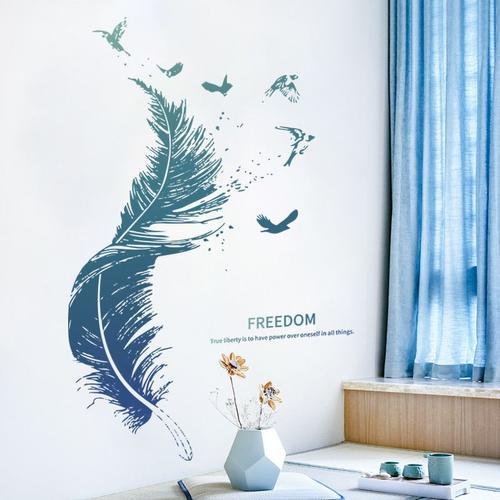 Blue Feather Wall Decal (30 * 90cm) Sticker Mural Décoratif Oiseaux Affiche Moderne pour Salon Chambre Cuisine Couloir Meubles Salle De Bains Carrelage Adulte Adolescent Enfants