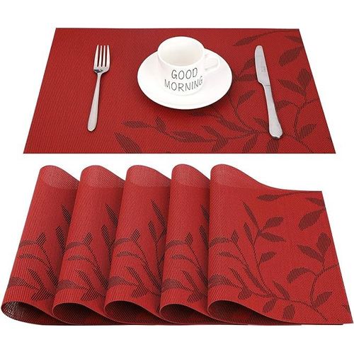 Lot De 6 Sets De Table (Feuille Rouge) Pvc Antidérapant Lavable Résistant À La Chaleur Sets De Table Rectangulaires (45 X 30 Cm) Pour Salle À Manger, Table De Cuisine Ou Salle À Manger