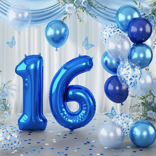ERSHI-Ballon en aluminium en forme de chiffre 16 garçons, taille XXL, bleu marine, avec ballon à confettis bleu clair argenté, 101[8