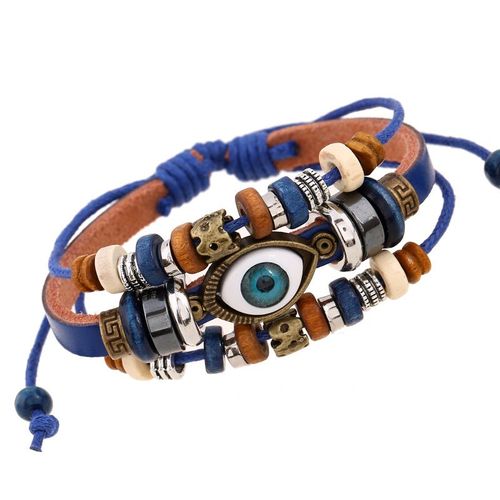 Bracelet En Cuir De Vache Aux Yeux Perlés (Bleu), Design À Tirettes, Cadeau De Noël, De Fête Ou D'anniversaire