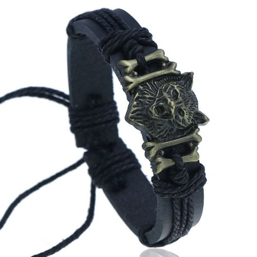 (Noir) Bracelet En Laiton Antique Avec Tête De Loup En Peau De Vache, Design Vintage, Cadeau De Noël, De Vacances Ou D'anniversaire, Bijoux Vintage En Cuir Allié