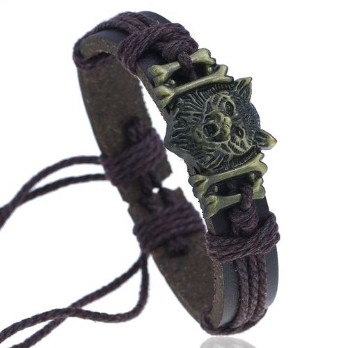 (Marron) Bracelet En Laiton Antique Avec Tête De Loup En Peau De Vache, Design Vintage, Cadeau De Noël, De Vacances Ou D'anniversaire, Bijoux Vintage En Alliage De Cuir