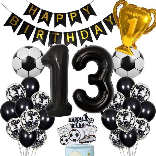 Ershi-Ballon De Football 13e Anniversaire Ballon Hélium Noir 13e Anniversaire Garçon Gâteau Topper Football Anniversaire Décoratio[6