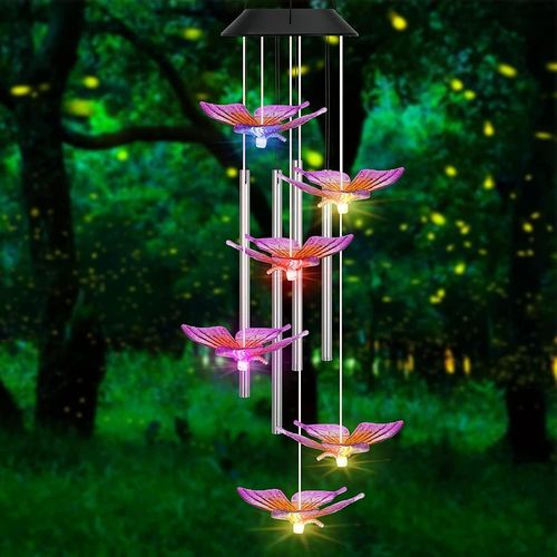 1 pièce carillon éolien à énergie solaire, carillon éolien à papillon LED à couleurs changeantes avec tube en aluminium pour maman, grand-mère, cadeau de Saint-Valentin pour le jardin, le patio et la