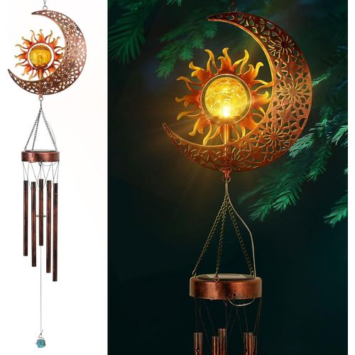 Carillon solaire soleil et lune, carillon éolien extérieur avec boules en verre craquelé et crochets en S, cloches de patio en tube d'aluminium, décoration intérieure, cuivre rouge