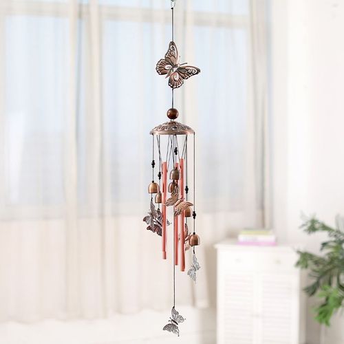 Carillon papillon - 4 tubes creux en aluminium - 5 carillons - 7 carillons papillons avec crochets, pour l'intérieur et l'extérieur Or noir, bronze Longueur 38 x diamètre 4.72 pouces
