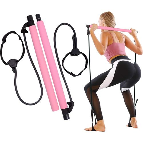 Rose - 1 Barre De Pilates Avec Bande De Résistance, Barre De Pilates Portable Et Ajustable Pour Le Stretching, Le Yoga, Le Fitness, L'exercice, Les Redressements Assis, La Perte De Poids.