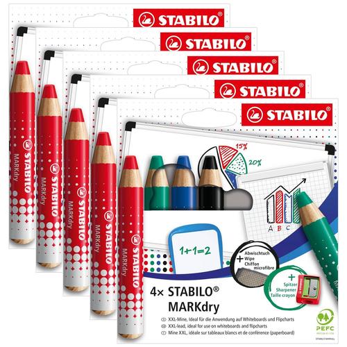 Stabilo Lot De 5 Etuis Carton X 4 Crayons Marqueurs Markdry + 1 Taille-Crayon + 1 Chiffonnette
