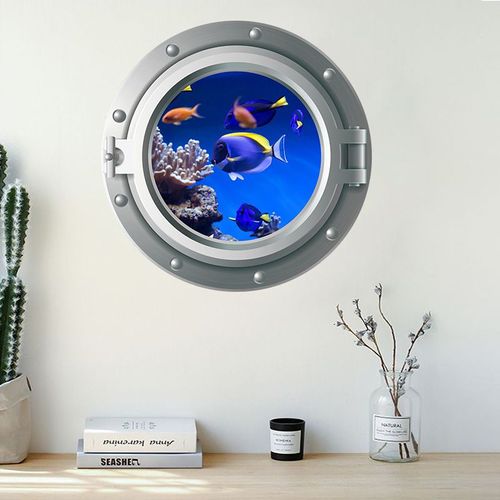 Lot De 2 Stickers Muraux 35x35cm, 3d Hublot Tortues Sous-Marines Dauphins Stickers Muraux Chambre D'enfant Nurserie Salle De Bain