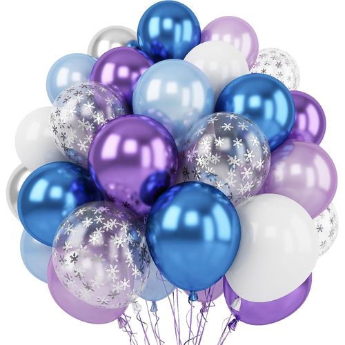 ERSHI-Lot de 60 ballons bleus La Reine des Neiges en latex,30.5 cm,Violet métallisé,Bleu et blanc,Flocon de neige,Confettis argent[1