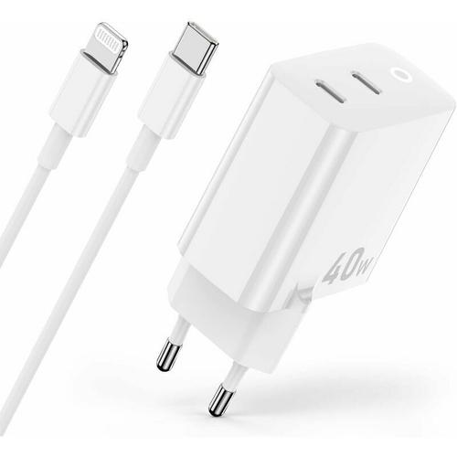 Chargeur Iphone 40 W 14 13 12 11, Certifié Apple Mfi 2 Ports 20 W Usb C Chargeur Adaptateur Secteur Prise Rapide Avec Cable Iphone Lightning 2 M Pour Iphone 14/13/12/11 Pro/Pro Max/Plus/Se/Ip