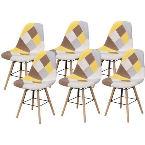 Lot De 6 Chaises - Patchwork Jaune - Scandinave - Pieds Bois