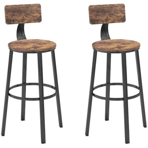 Lot De 2 Tabourets De Bar Avec Dossier Cadre En Acier Hauteur De 72 Cm Style Industriel Marron Et Noir