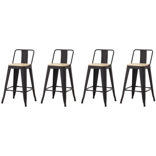Lot De 4 Tabourets De Bar Industriel Avec Dossier, Assise En Bois Naturel- Hauteur Assise 63,5 Cm Métal Noir - Noir