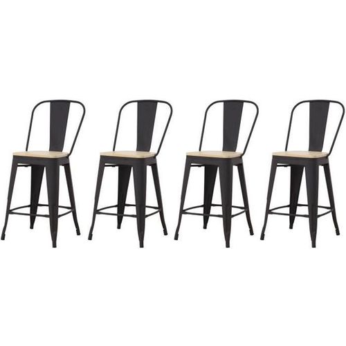 Lot De 4 Tabourets De Bar Industriel Avec Dossier, Assise En Bois Naturel- Hauteur Assise 64,5 Cm Métal Noir - Noir