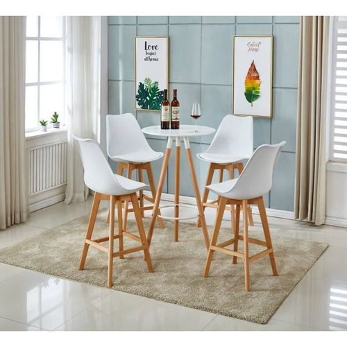 Laury - Lot De 4 Tabourets De Bar Scandinave - Blanc - Pieds En Bois Massif Design Salle A Manger Salon - 58 X 49 X 102 Cm