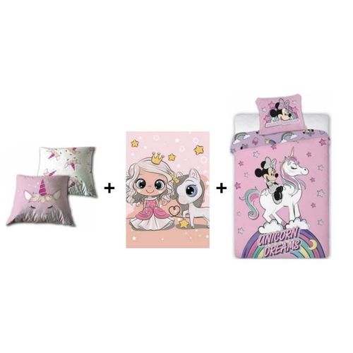 Licorne - Ensemble Parure De Couette 140 X 200 Cm + Coussin 35 X 35 Cm + Plaid 100 X 140 Cm.