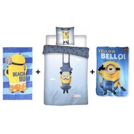 Minions - Ensemble Parure De Couette 140 X 200 Cm + Plaid 100 X 150 Cm + Serviette 70 X 140 Cm