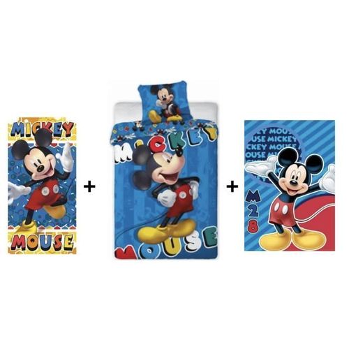Mickey Disney - Ensemble Parure De Couette 140 X 200 Cm + Plaid 100 X 140 Cm + Serviette 70 X 140 Cm