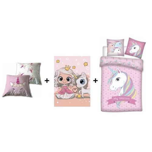 Licorne - Ensemble Parure De Couette 140 X 200 Cm + Coussin 35 X 35 Cm + Plaid 100 X 140 Cm.