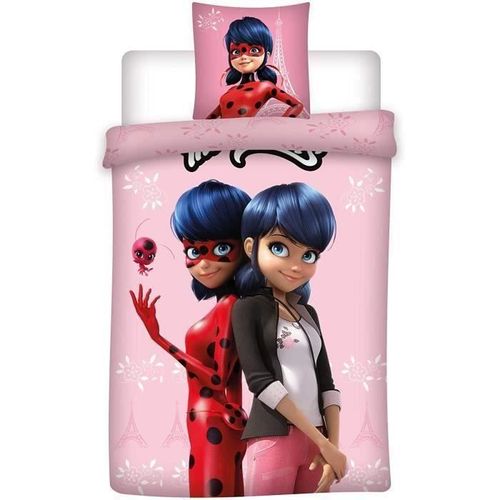 Parure De Lit Miraculous Ladybug Rose - Housse De Couette Réversible 140x200 Cm + Taie D'oreiller 63x63 Cm