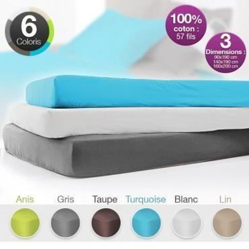 Drap Housse Tout Coton 57 Fils - 6 Coloris 140 X 190 Taupe