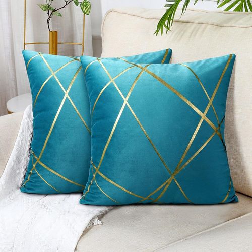 Green Sofa Set Of 2 (Without Pillow Insert) Velvet Cushion Cover 45 X 45cm Coussin Decorative Pillow Cover Gold Line Geometric Cushion Living Room Bedroom Ottoman Pillow Cover